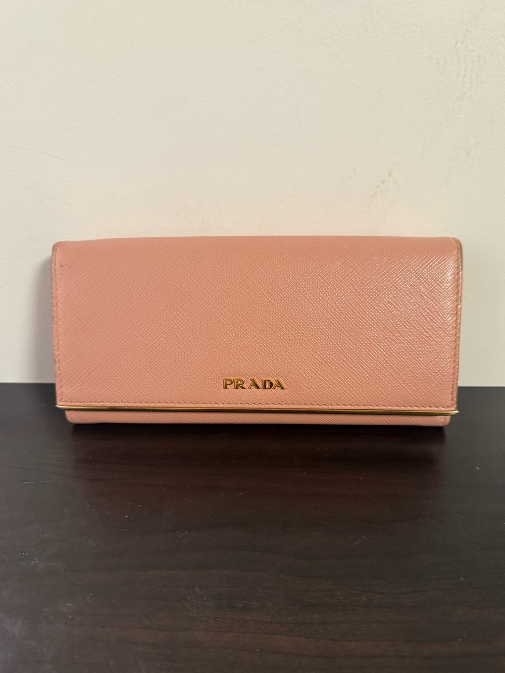 Prada Pink Saffiano Leather Women's Wallet with Gold Metal Trim